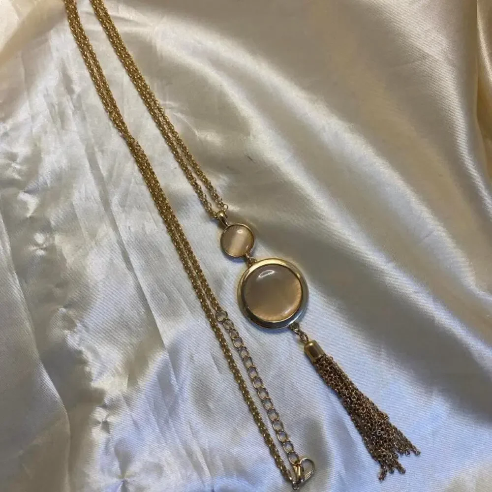 Vintage 1970s Gold Tone Long Tassel Necklace Smoky Lucite Pendant Boho Retro
